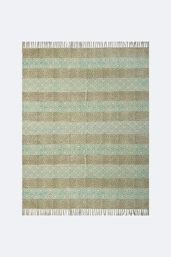 Aqua Diamond Stripe Block Printed Jute Rug