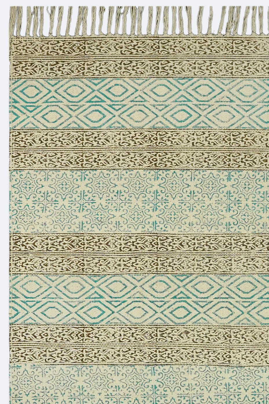 Aqua Diamond Stripe Block Printed Jute Rug