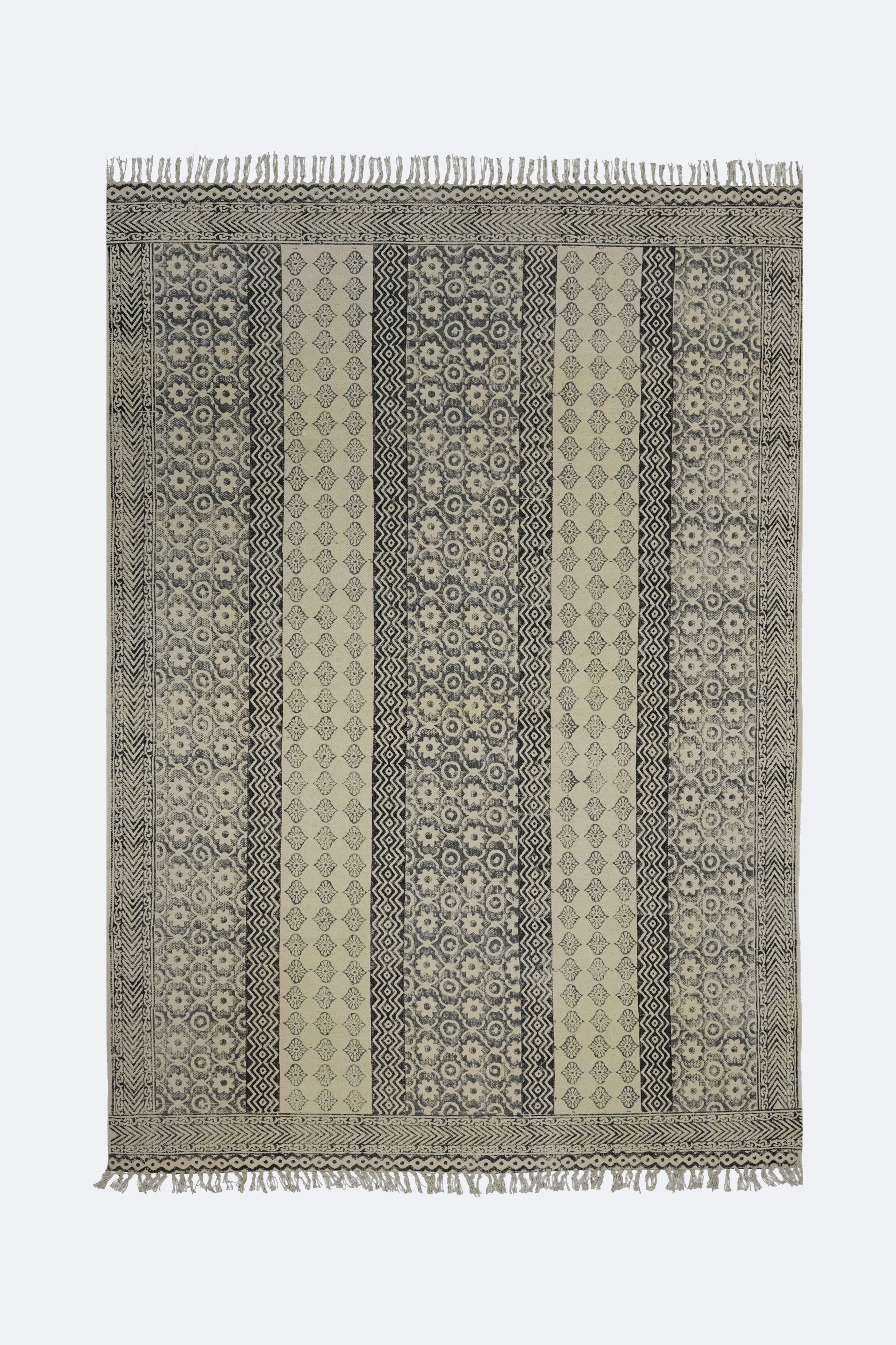 Monochrome Floral Stripe Block Printed Jute Rug