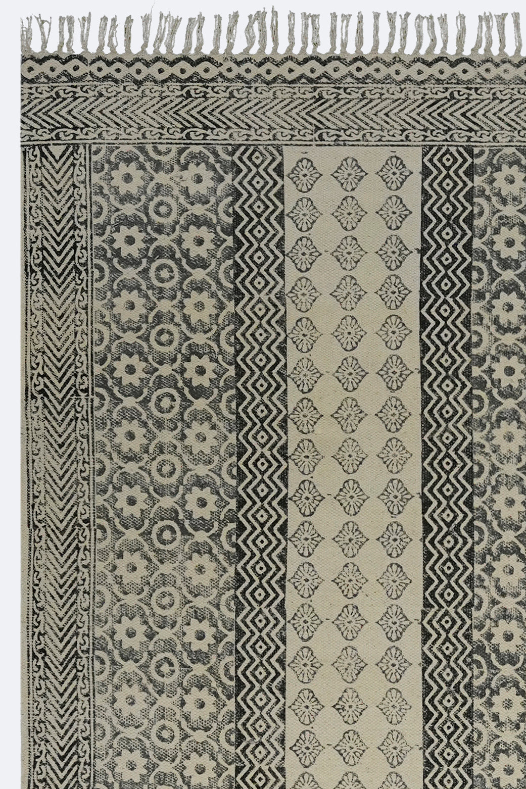 Monochrome Floral Stripe Block Printed Jute Rug