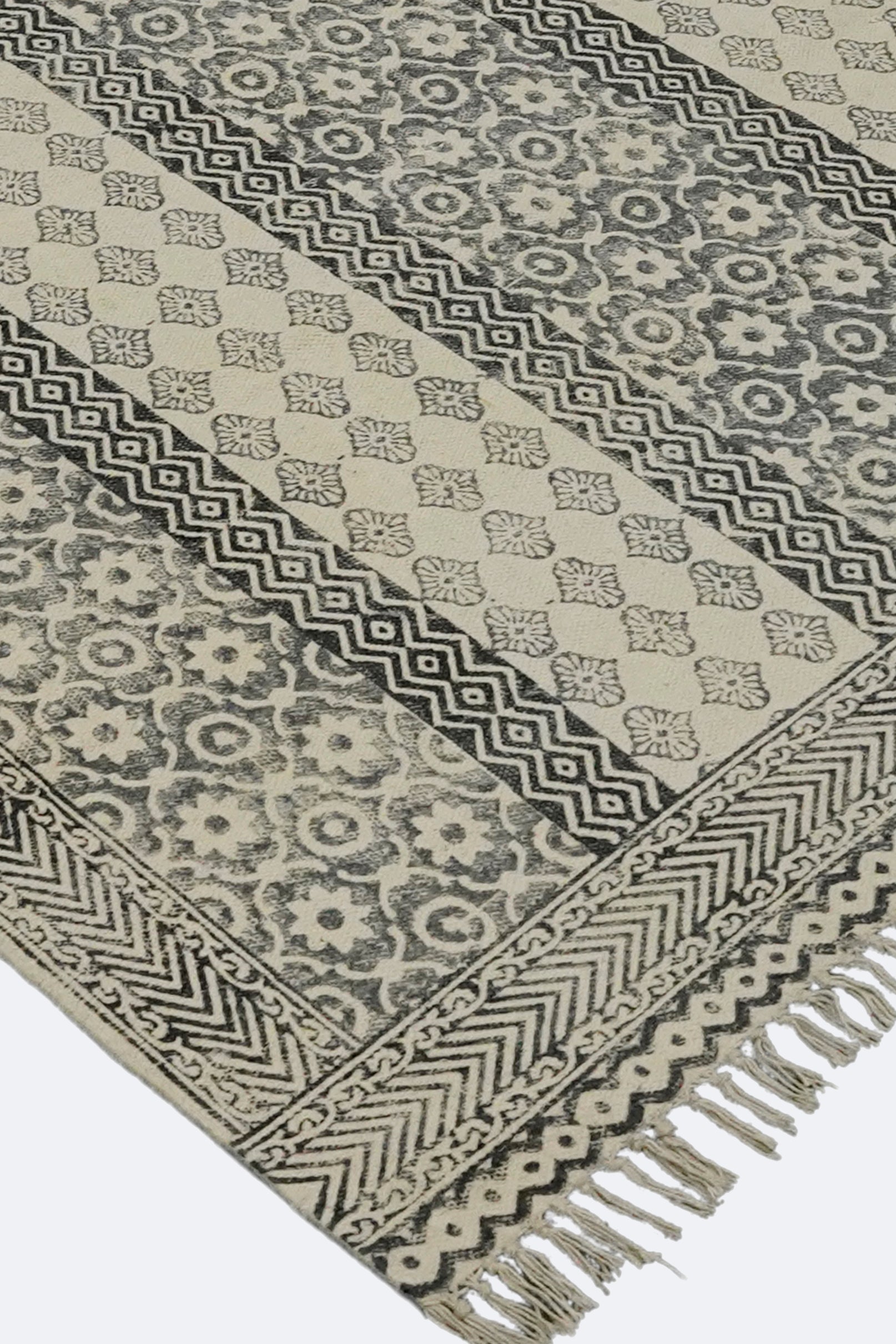 Monochrome Floral Stripe Block Printed Jute Rug