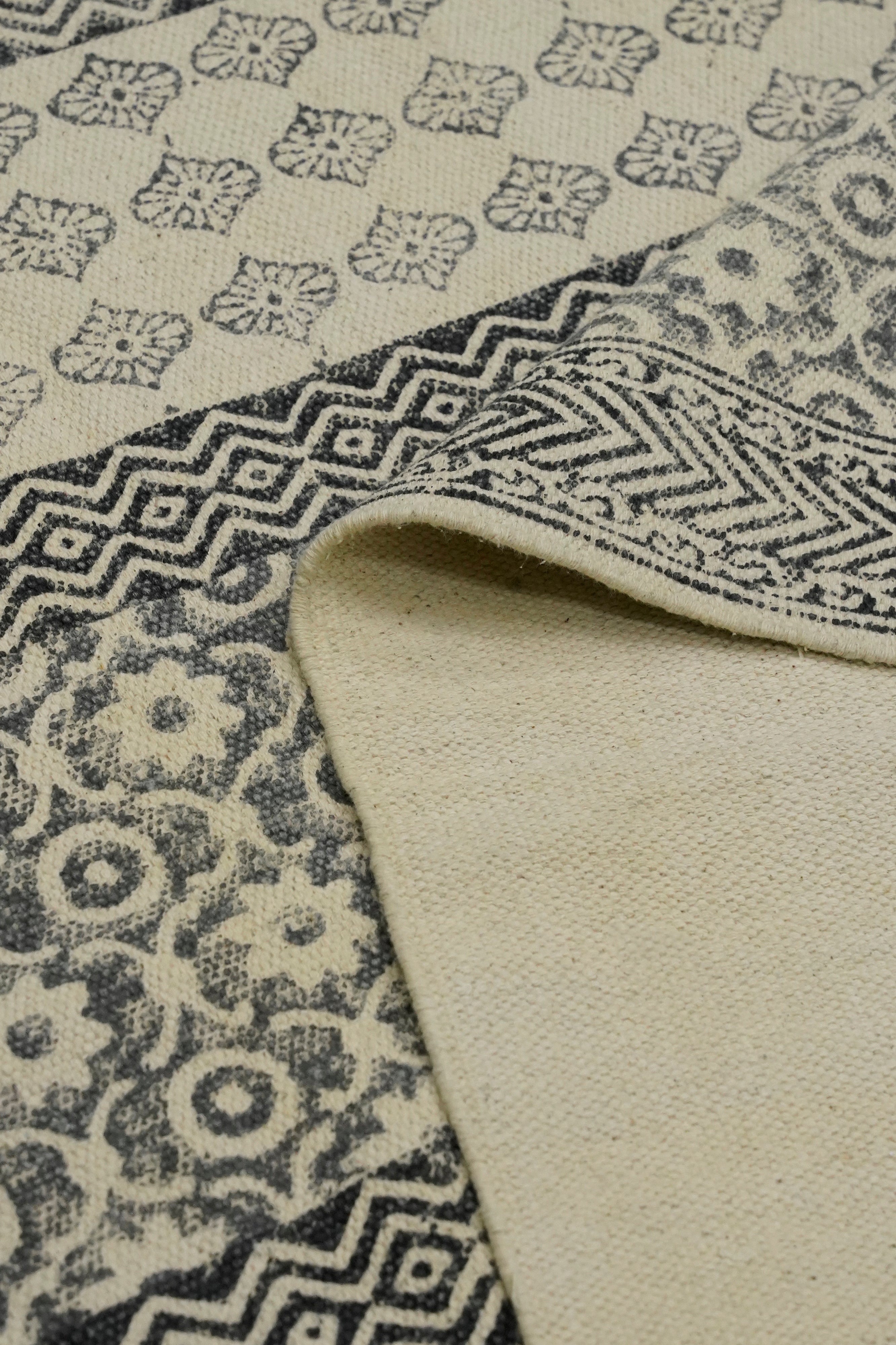 Monochrome Floral Stripe Block Printed Jute Rug
