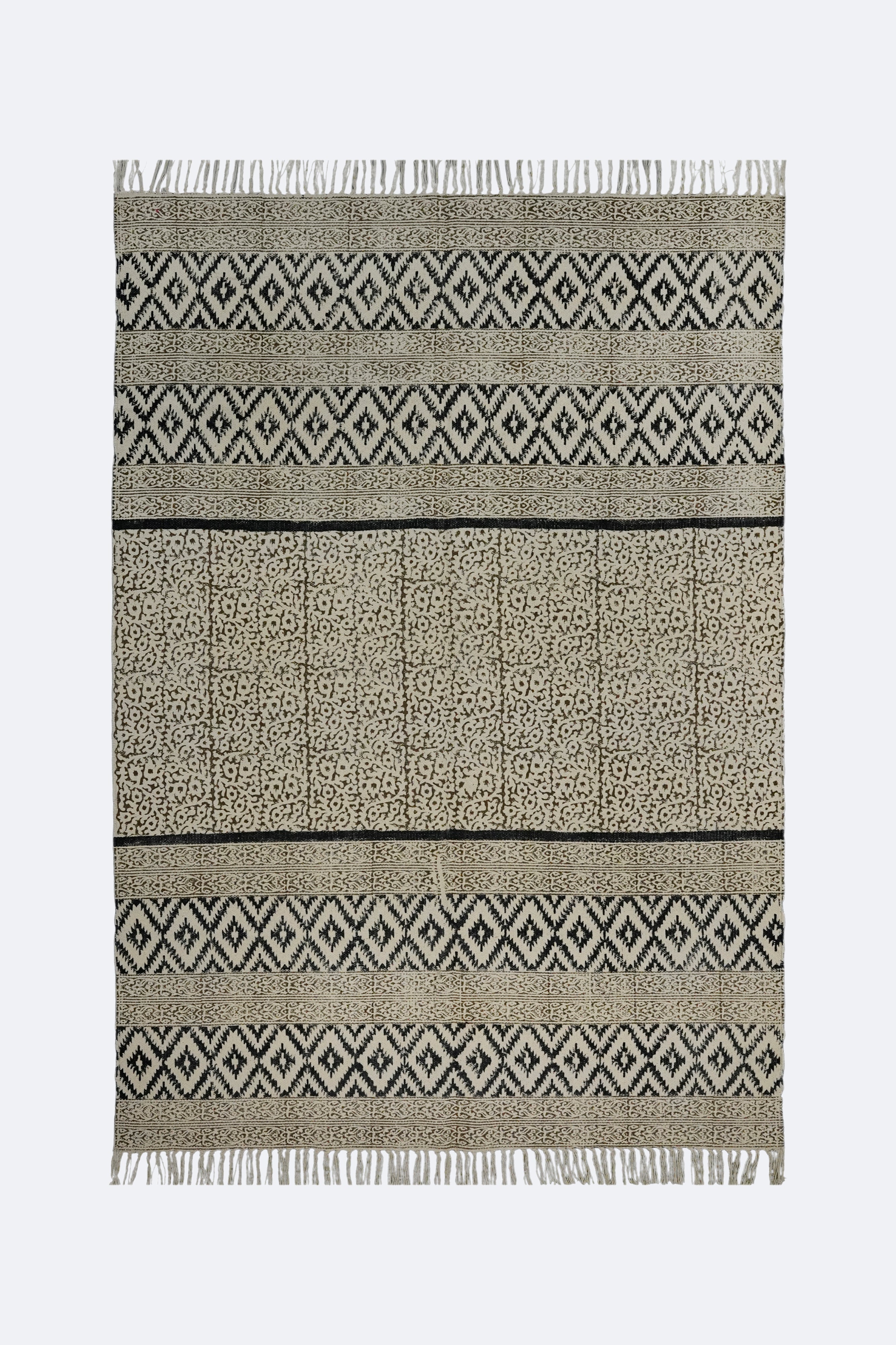 Black Diamond Floral Stripe Block Printed Jute Rug