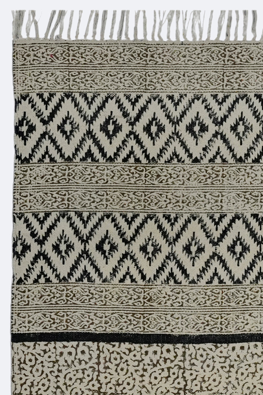 Black Diamond Floral Stripe Block Printed Jute Rug
