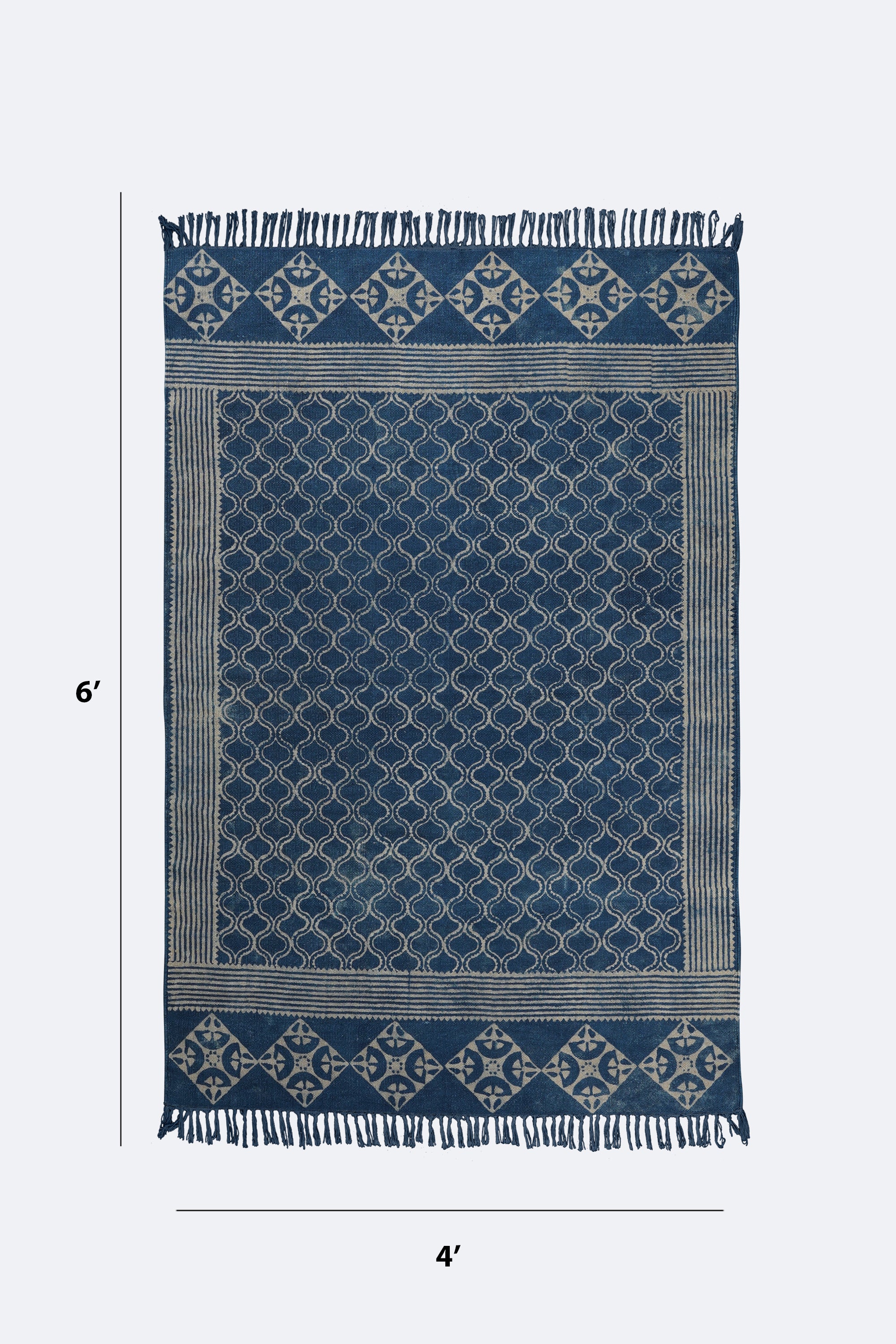 Indigo Trellis Border Hand Block Printed Rug