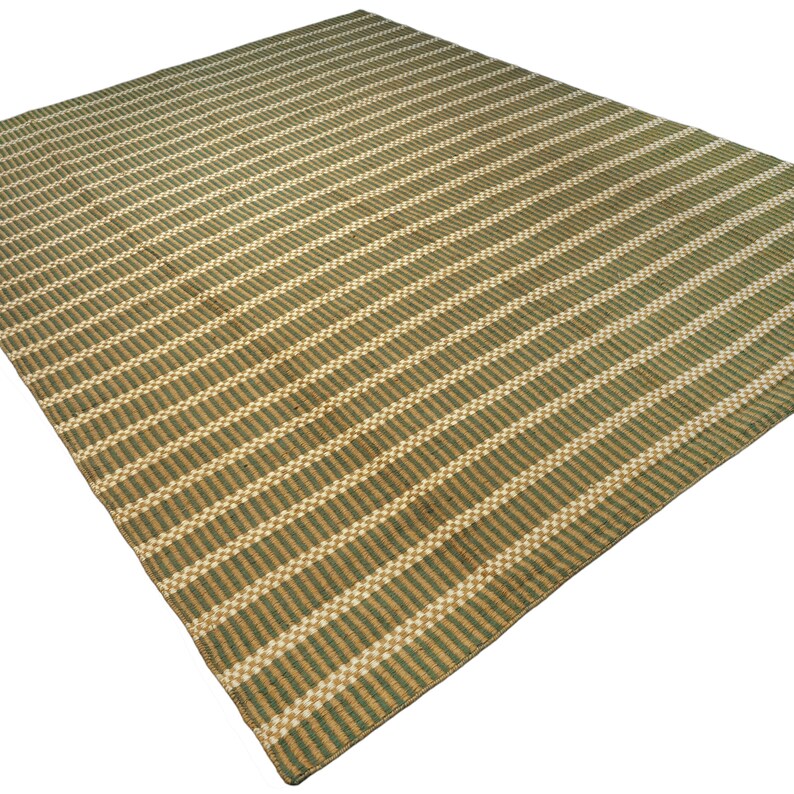Linear striped Jute Rug for Home - Biege and Olive Green